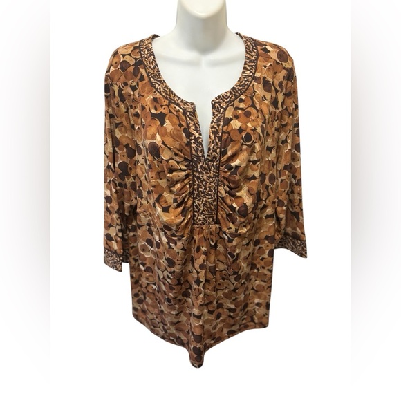 Susan Graver Liquid Knit Ruched Printed Top Sz 2X Brown Earth Tones 3/4 Sleeve - Picture 1 of 6
